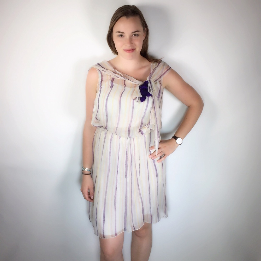 Alberta Ferretti Cream Pink Purple Stripe Silk Sheer Dress